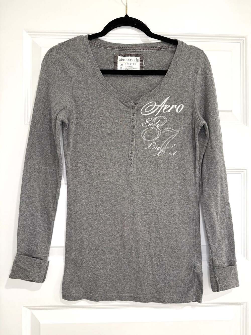 Y2K Aeropostale Stretch Gray Long Sleeve Henley Top Size XL